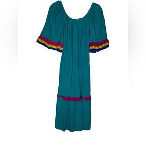 🌸 Vintage 1970s Teal Cotton Maxi Dress Ruffle Sleeves Boho XL 🌸